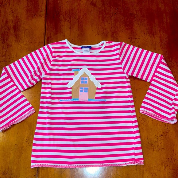 EUC Gingerbread House Applique Pink Striped Long-sleeve shirt - size 4 - Picture 1 of 5
